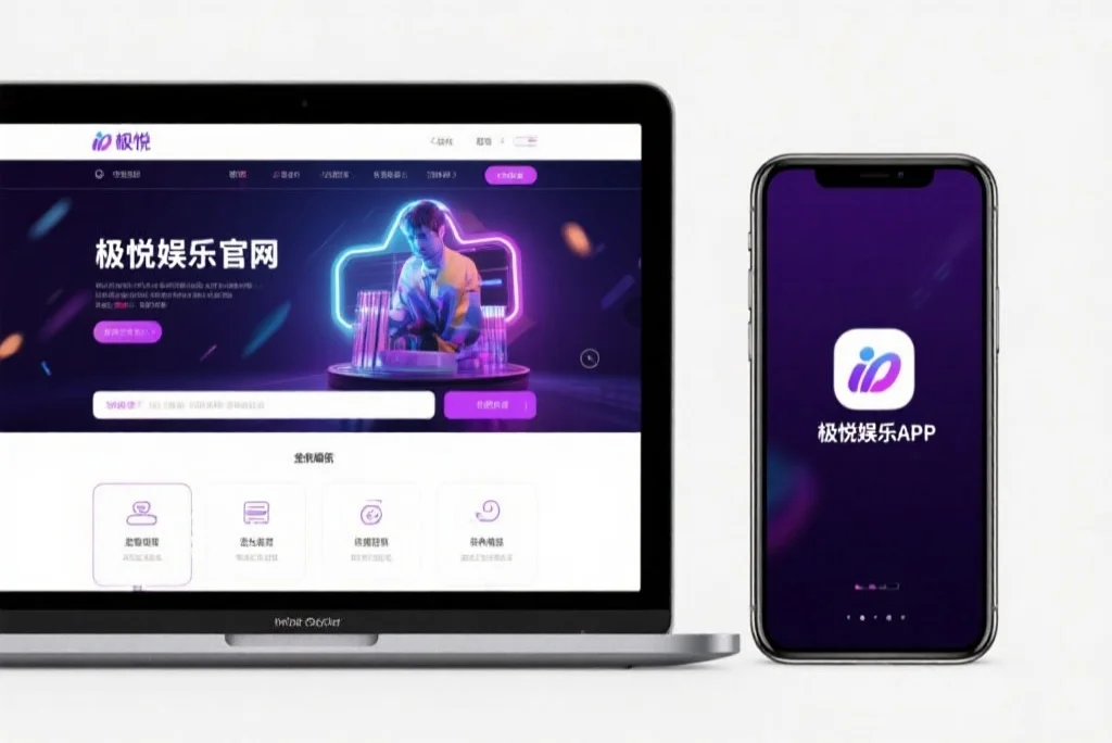 一台笔记本电脑屏幕上显示着汇众娱乐官网的界面，旁边是一部手机显示着汇众娱乐APP，两者并列对比